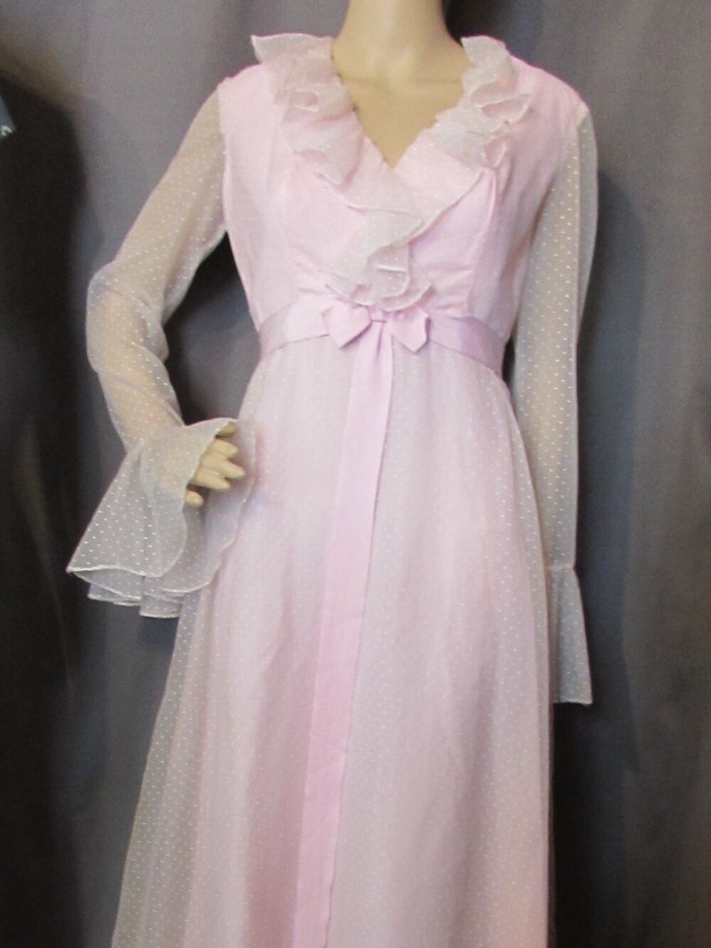 1970 Era Vintage Long Gown Pink Dotted Swiss